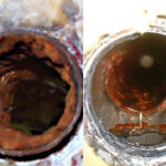 NMRパイプテクター®による配管内の赤錆閉塞改善の例 写真左：設置前、写真右：設置16ヶ月後