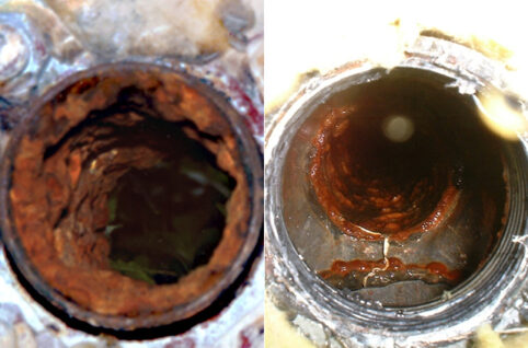 NMRパイプテクター®による配管内の赤錆閉塞改善の例 写真左：設置前、写真右：設置16ヶ月後